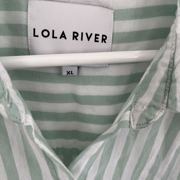 Lola River Women XL Cotton-like Shirt, Blouse, Button, Green Stripes Casual Boxy - Picture 2 of 6